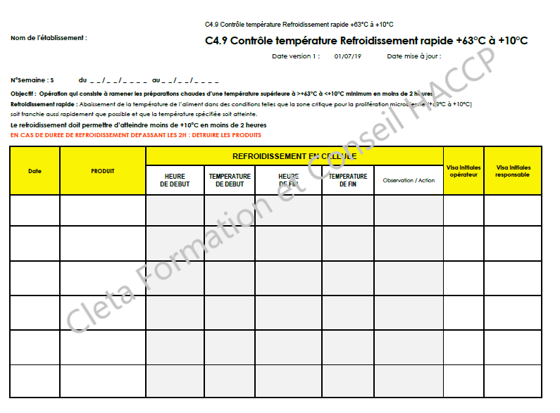Fiche PMS HACCP C4.9 Contrôle température Refroidissement rapide +63°C à  +10°C – CLETA Formation et Conseil HACCP